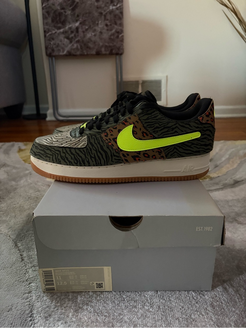 Nike Air Force 1 Olive Zebra with Volt Swoosh and Leopard Accents